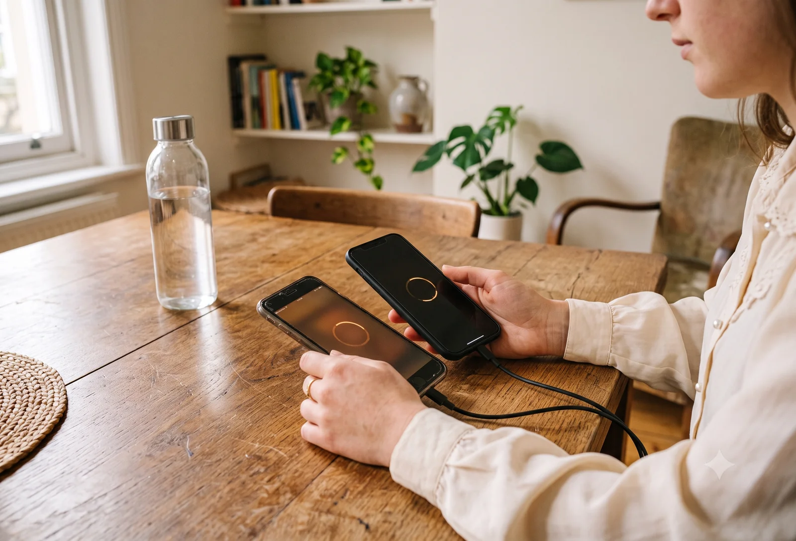 Two phones side by side transferring data between them
