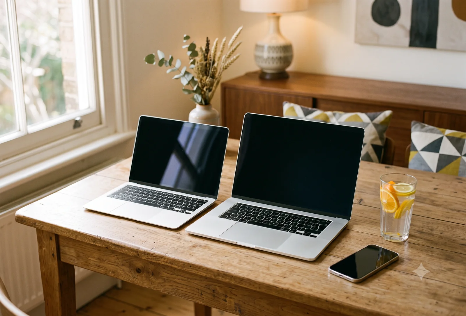 A MacBook Air and MacBook Pro side by side for comparison