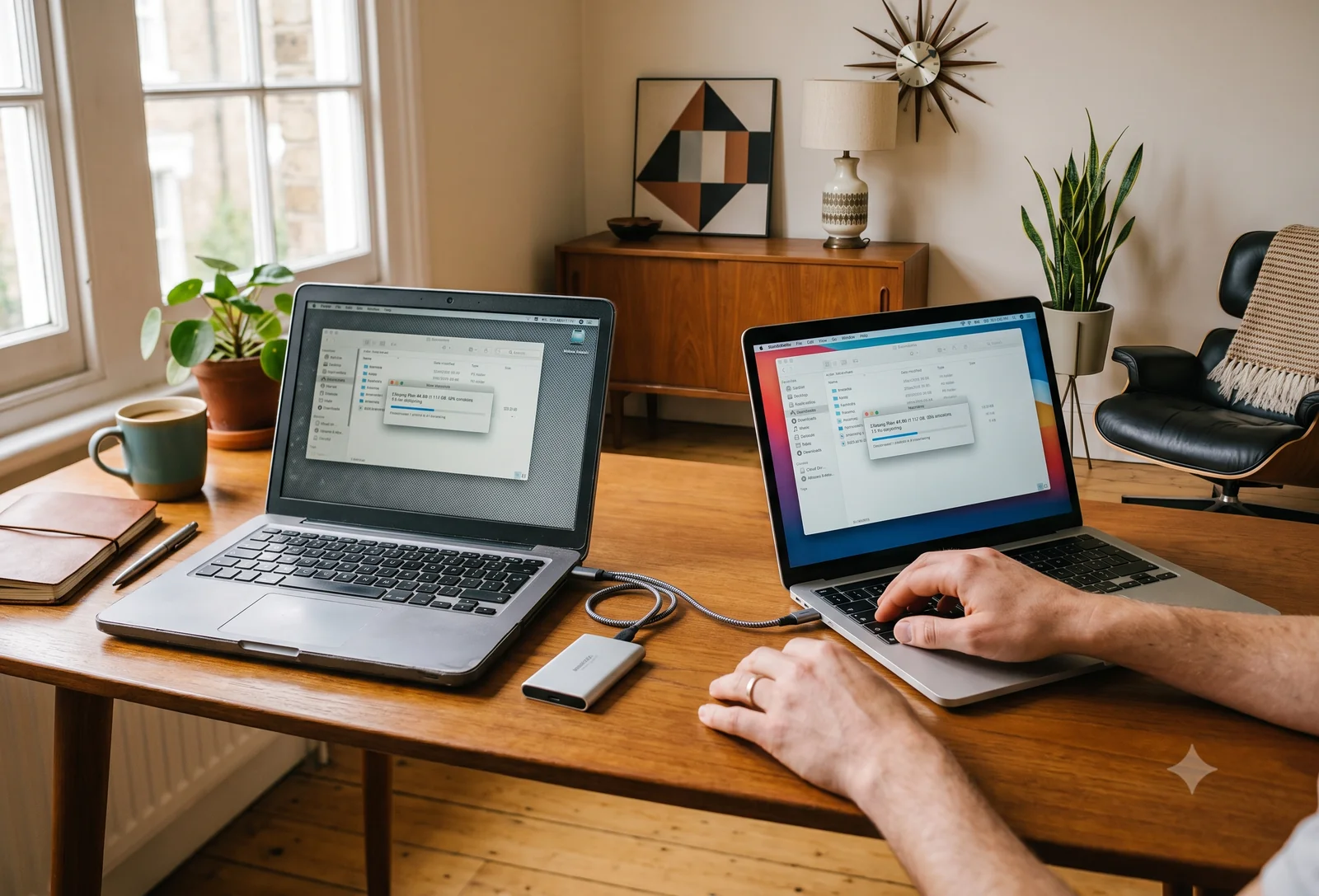 An old and a new computer side by side during a data transfer